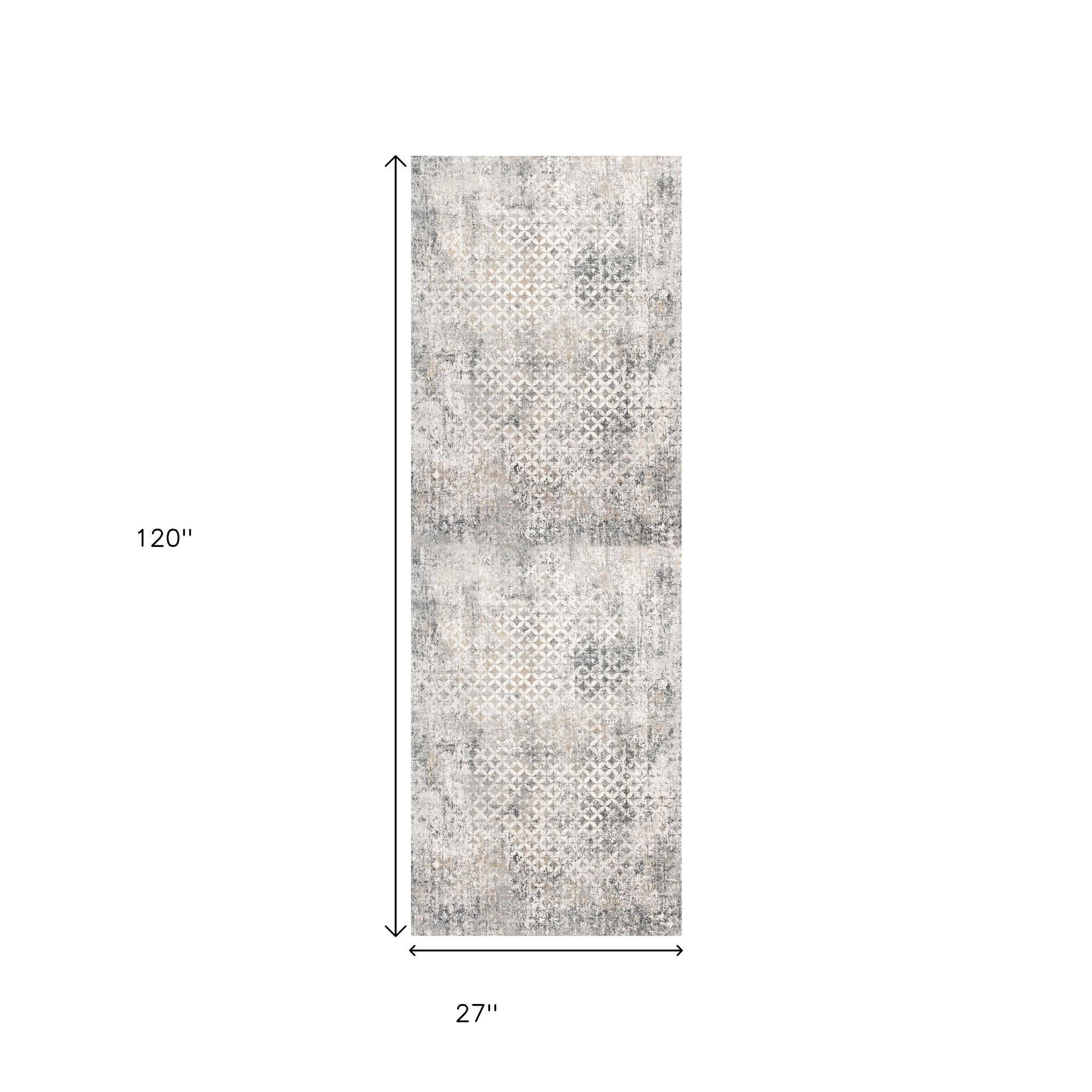 2' X 10' Gray And Ivory Distressed Runner Rug-Area Rugs-DECOROLALA