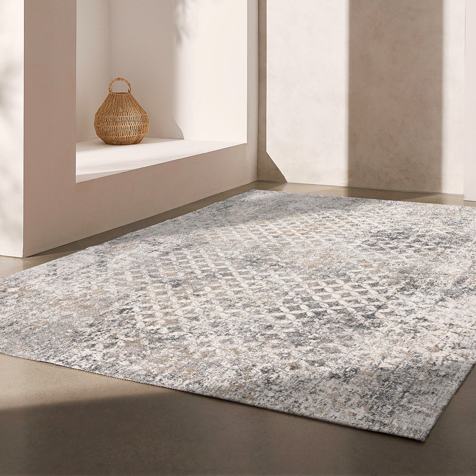 2' X 10' Gray And Ivory Distressed Runner Rug-Area Rugs-DECOROLALA