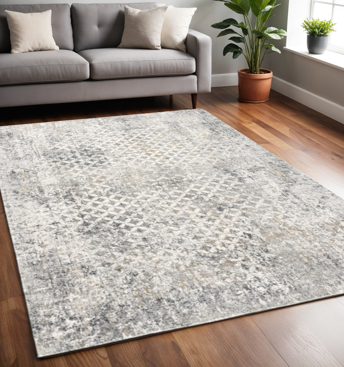 2' X 10' Gray And Ivory Distressed Runner Rug-Area Rugs-DECOROLALA