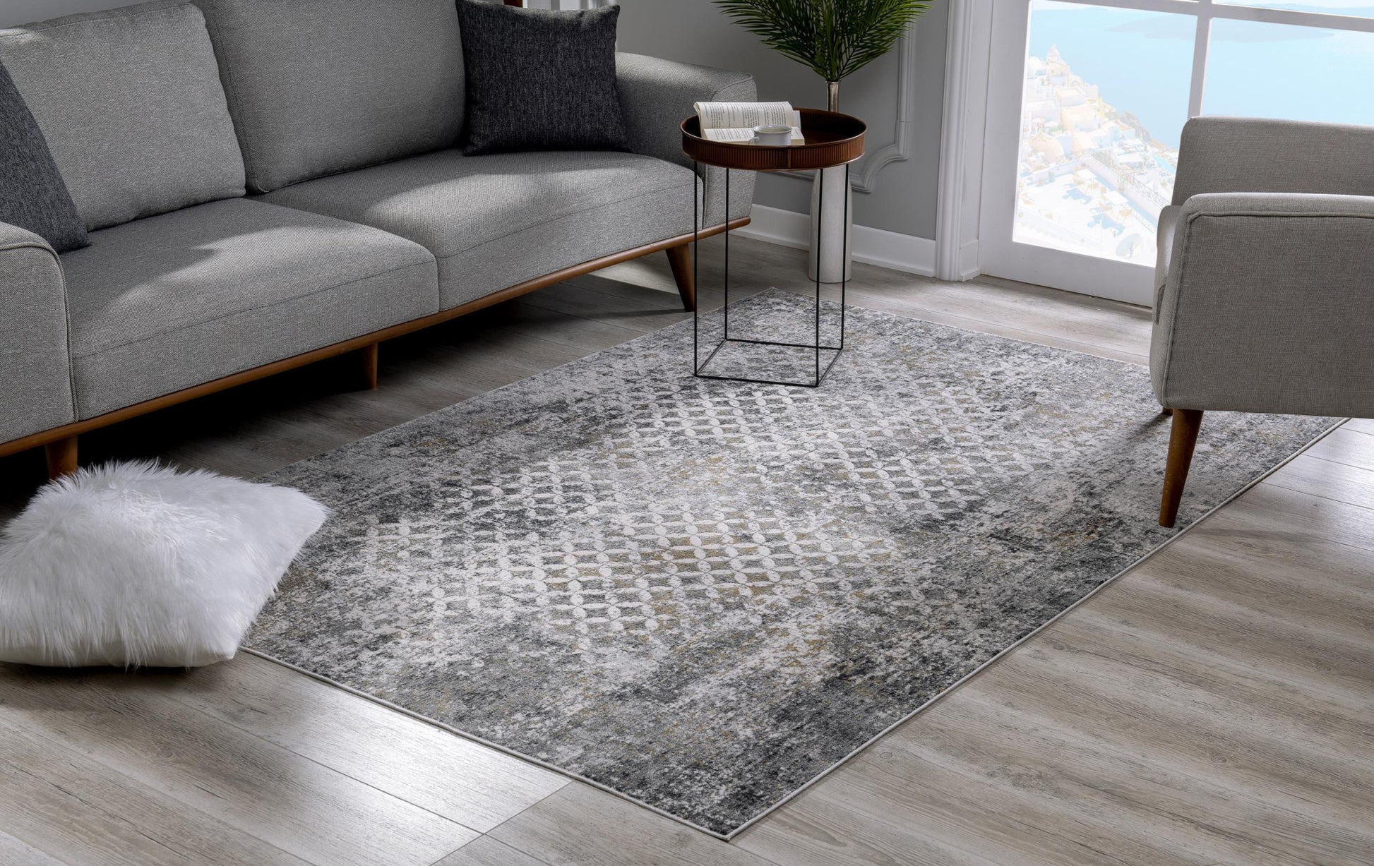2' X 10' Gray And Ivory Distressed Runner Rug-Area Rugs-DECOROLALA
