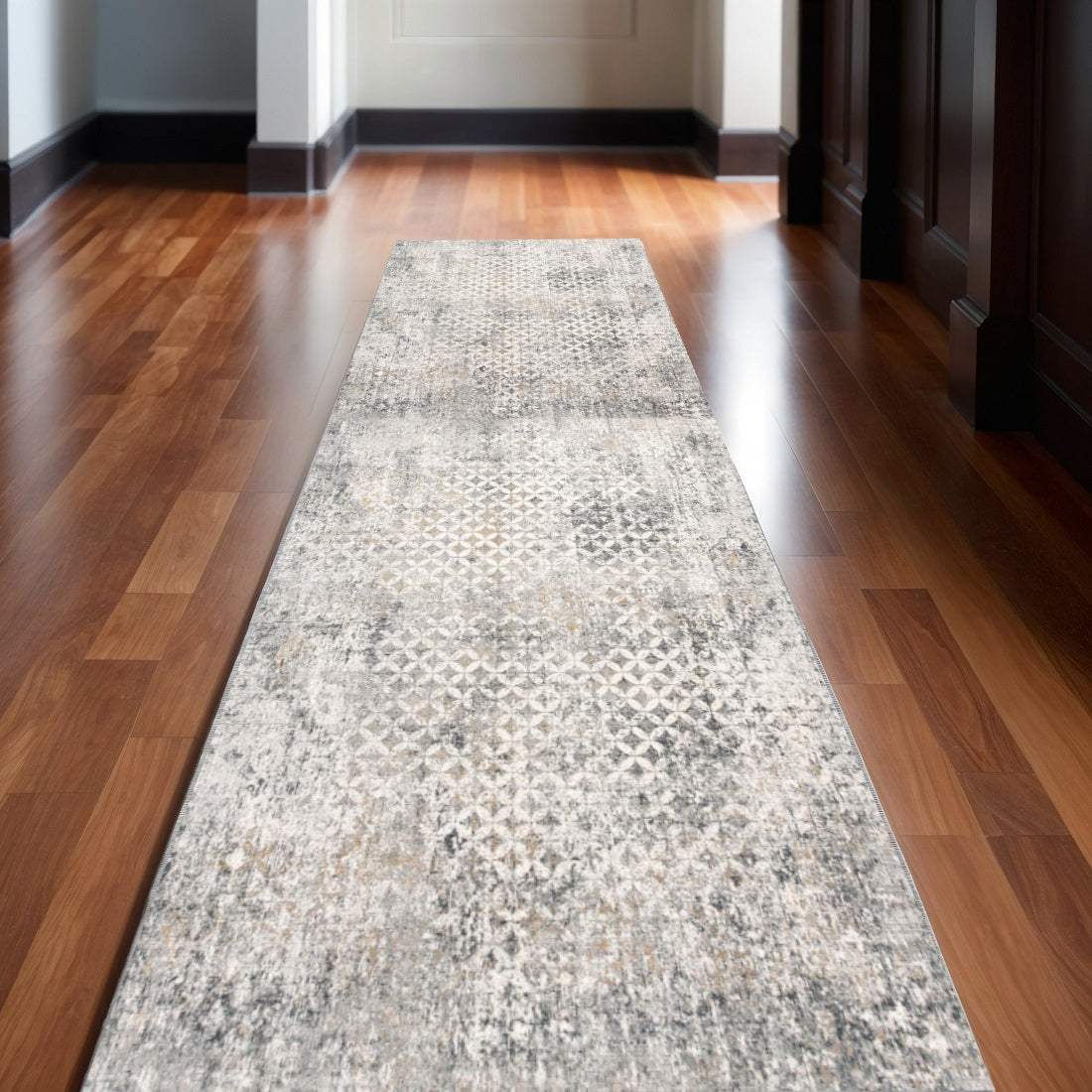 2' X 10' Gray And Ivory Distressed Runner Rug-Area Rugs-DECOROLALA
