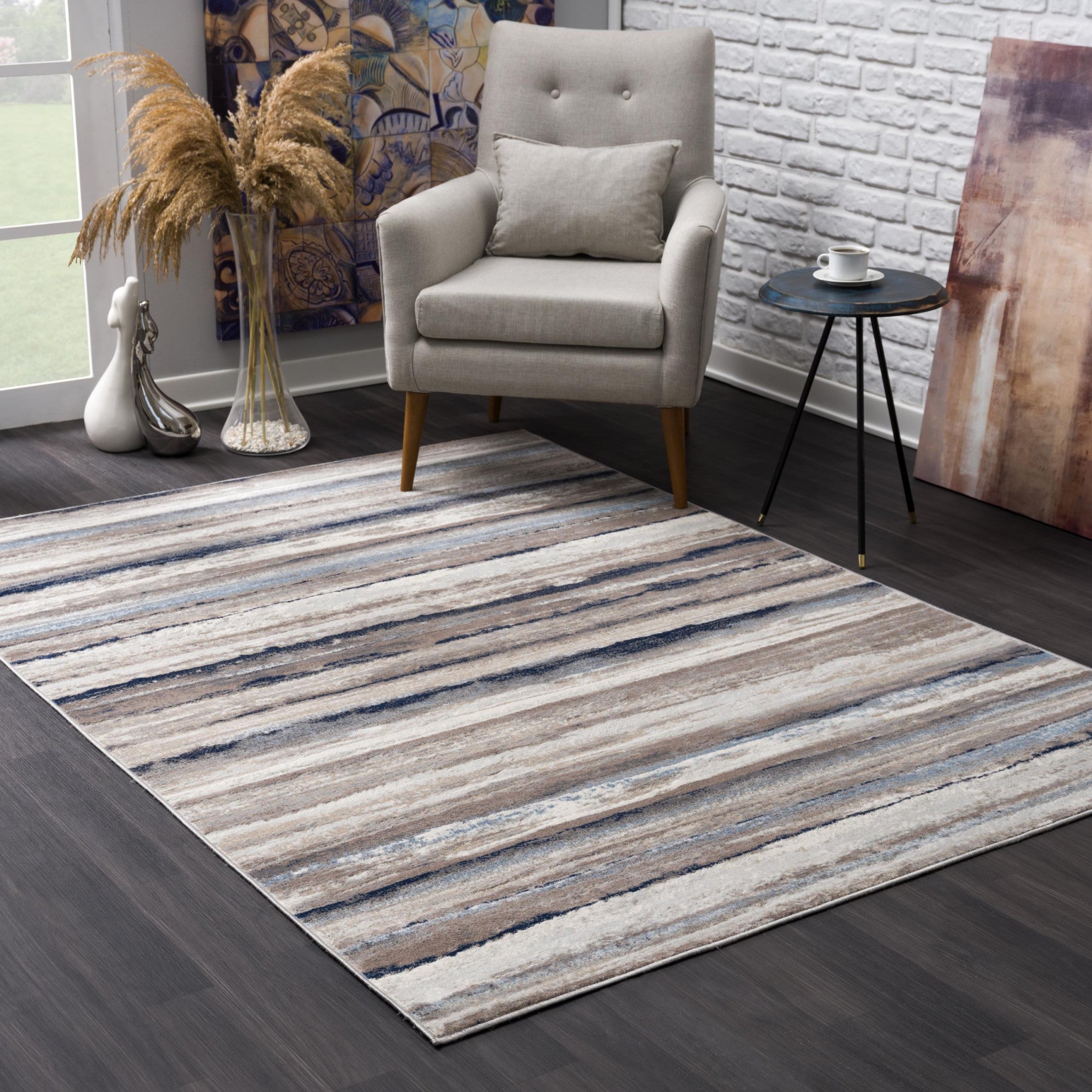 2' X 15' Blue And Beige Distressed Stripes Runner Rug-Area Rugs-DECOROLALA