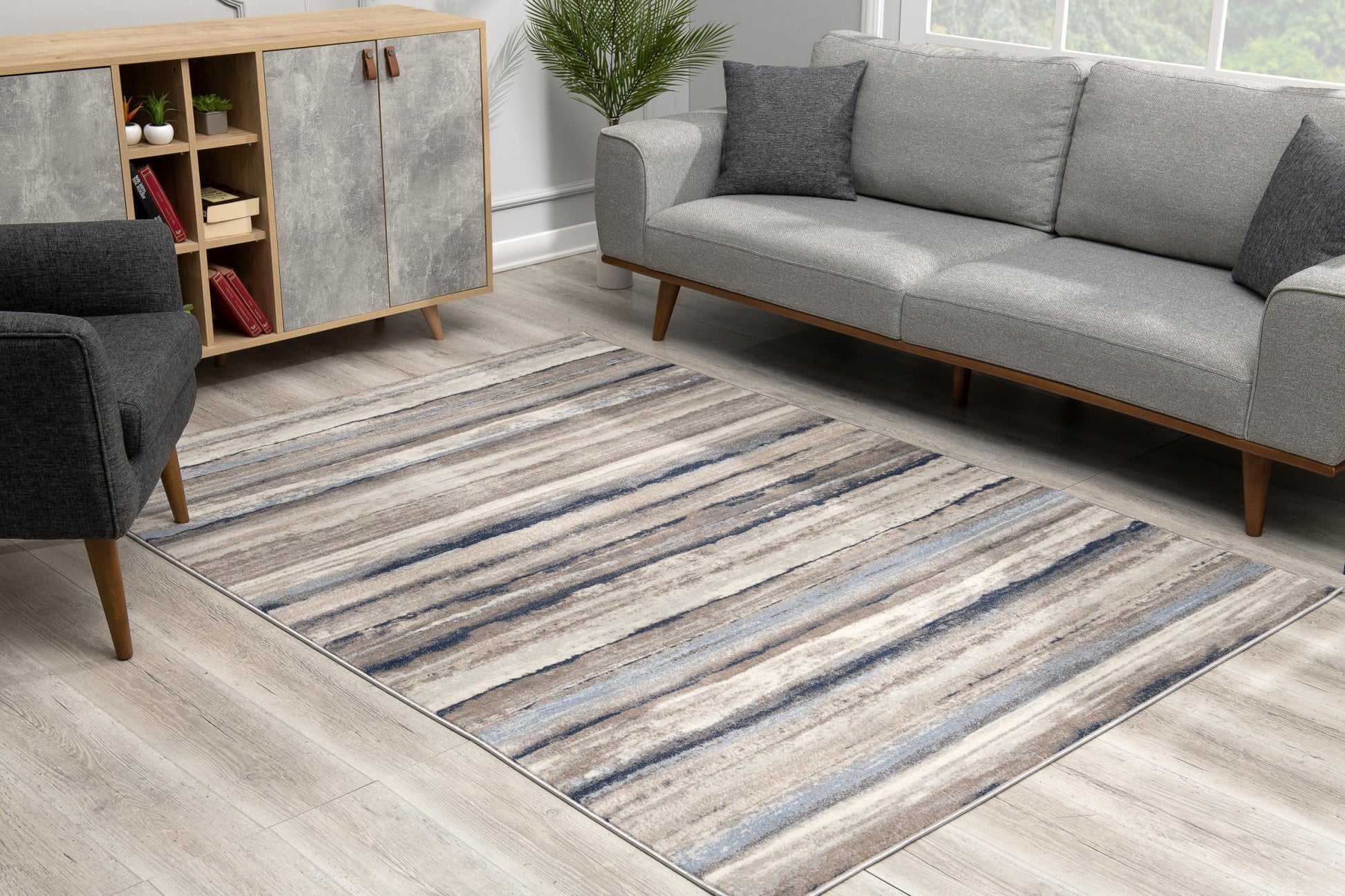 2' X 15' Blue And Beige Distressed Stripes Runner Rug-Area Rugs-DECOROLALA