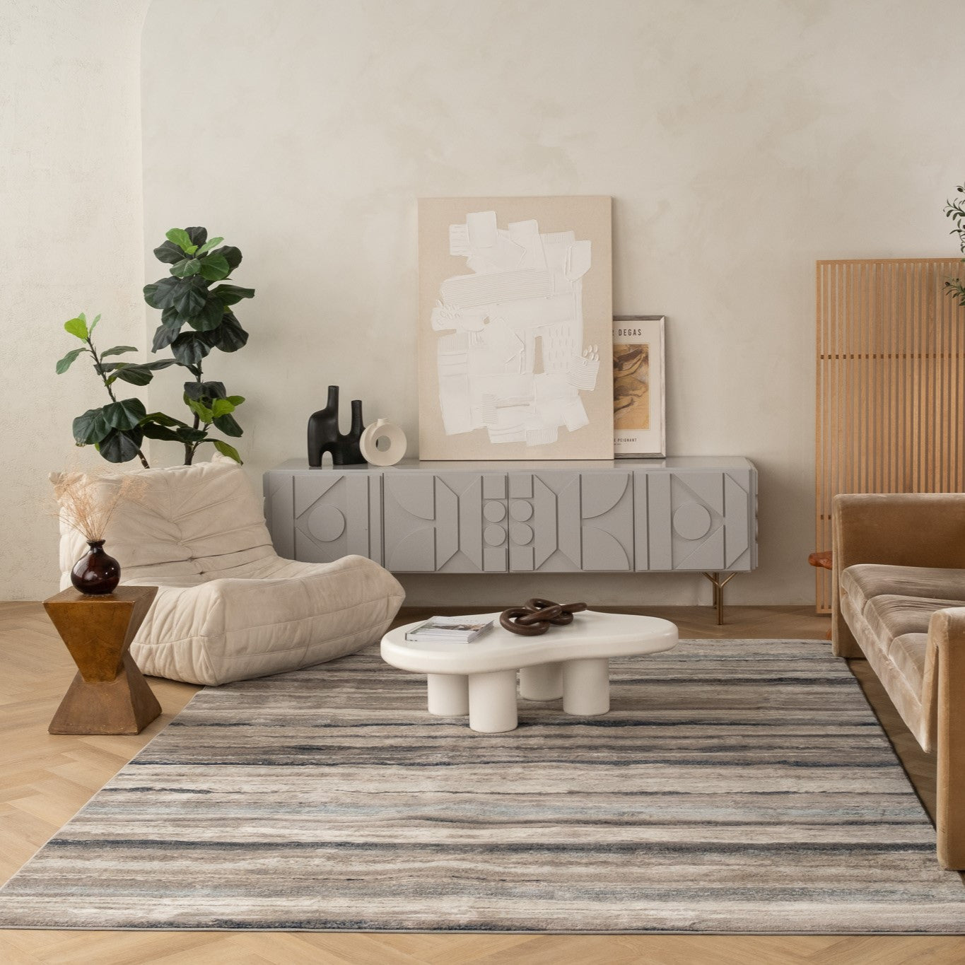 2' X 15' Blue And Beige Distressed Stripes Runner Rug-Area Rugs-DECOROLALA