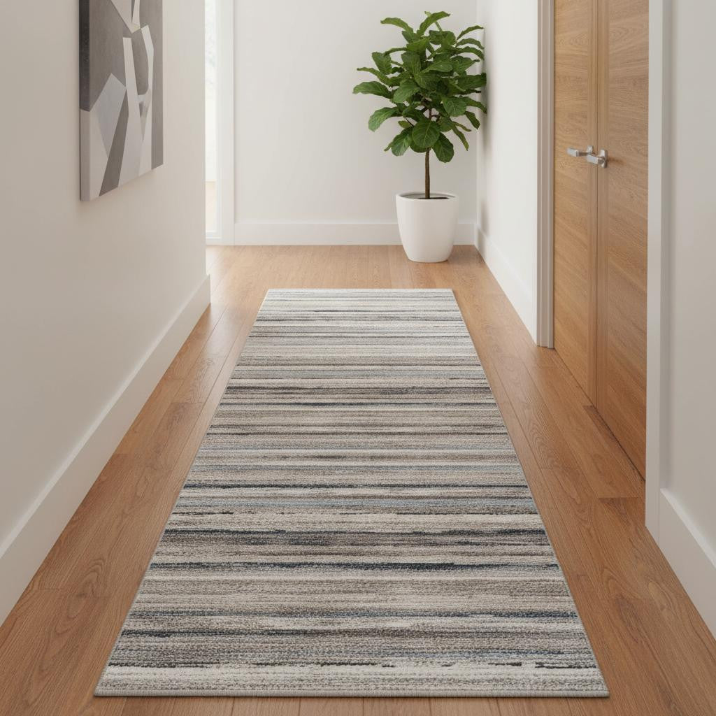 2' X 15' Blue And Beige Distressed Stripes Runner Rug-Area Rugs-DECOROLALA