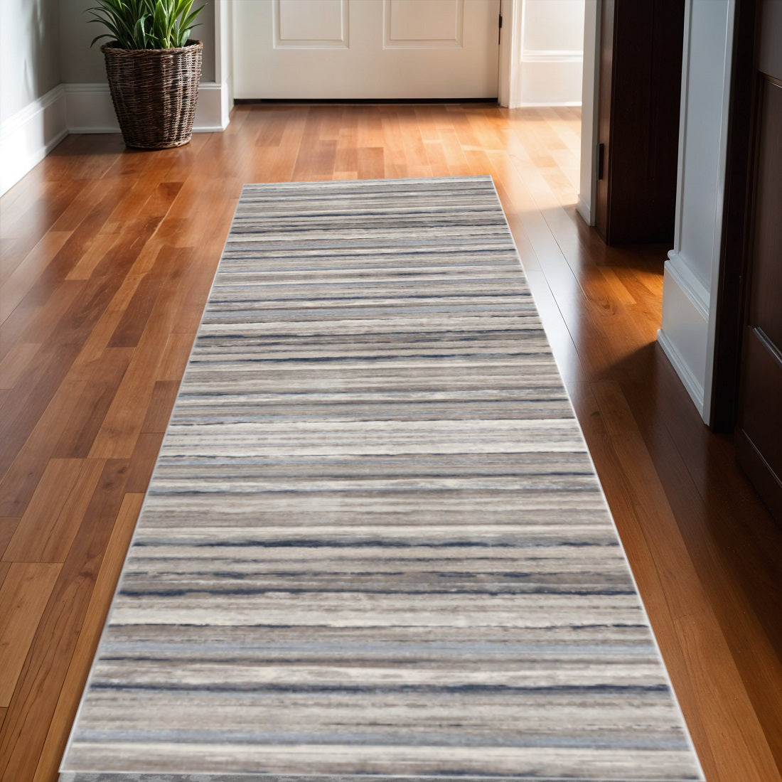 2' X 15' Blue And Beige Distressed Stripes Runner Rug-Area Rugs-DECOROLALA