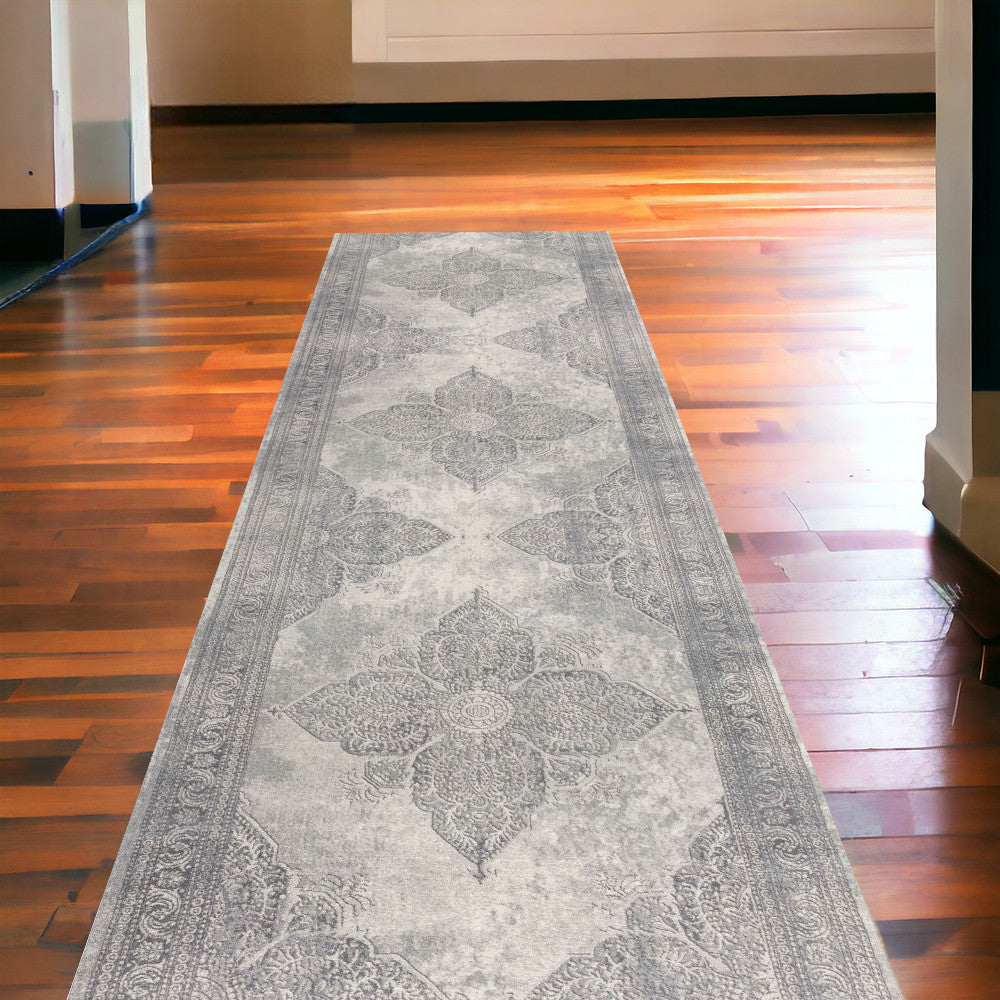 2' X 15' Gray Distressed Medallion Runner Rug-Area Rugs-DECOROLALA