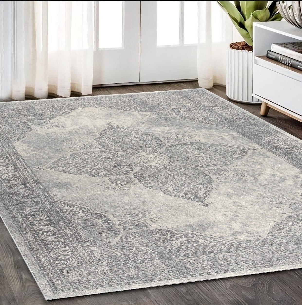 2' X 15' Gray Distressed Medallion Runner Rug-Area Rugs-DECOROLALA