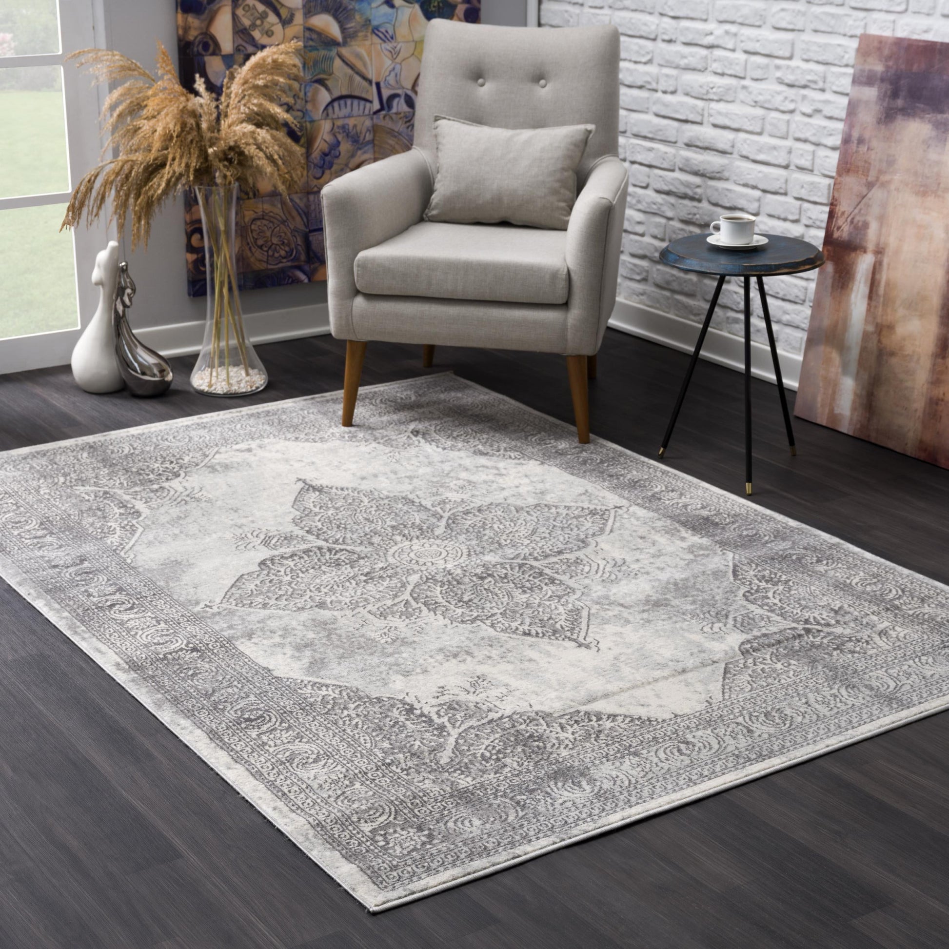 2' X 15' Gray Distressed Medallion Runner Rug-Area Rugs-DECOROLALA