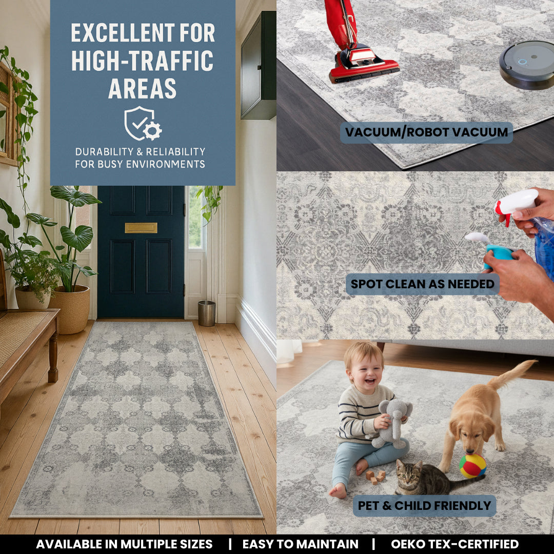 2' X 15' Gray Distressed Trellis Pattern Runner Rug-Area Rugs-DECOROLALA