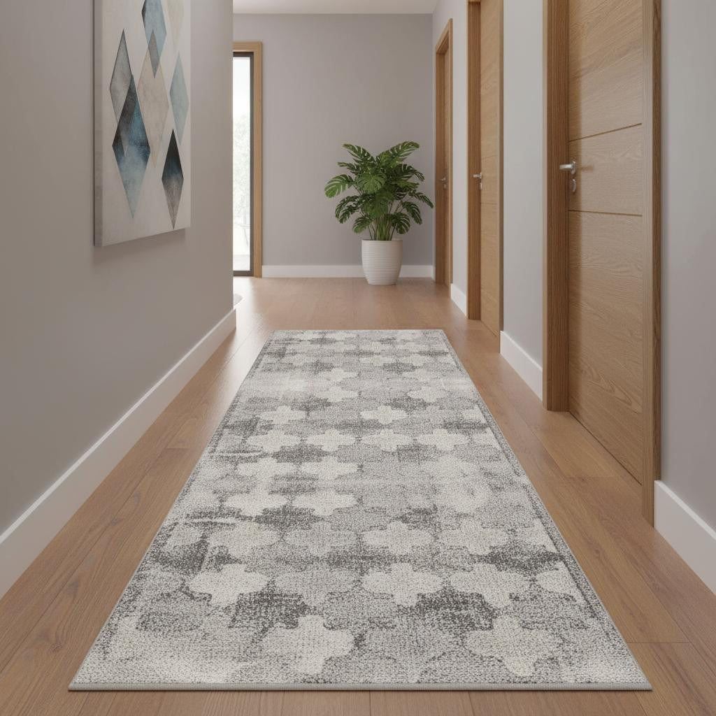 2' X 15' Gray Distressed Trellis Pattern Runner Rug-Area Rugs-DECOROLALA