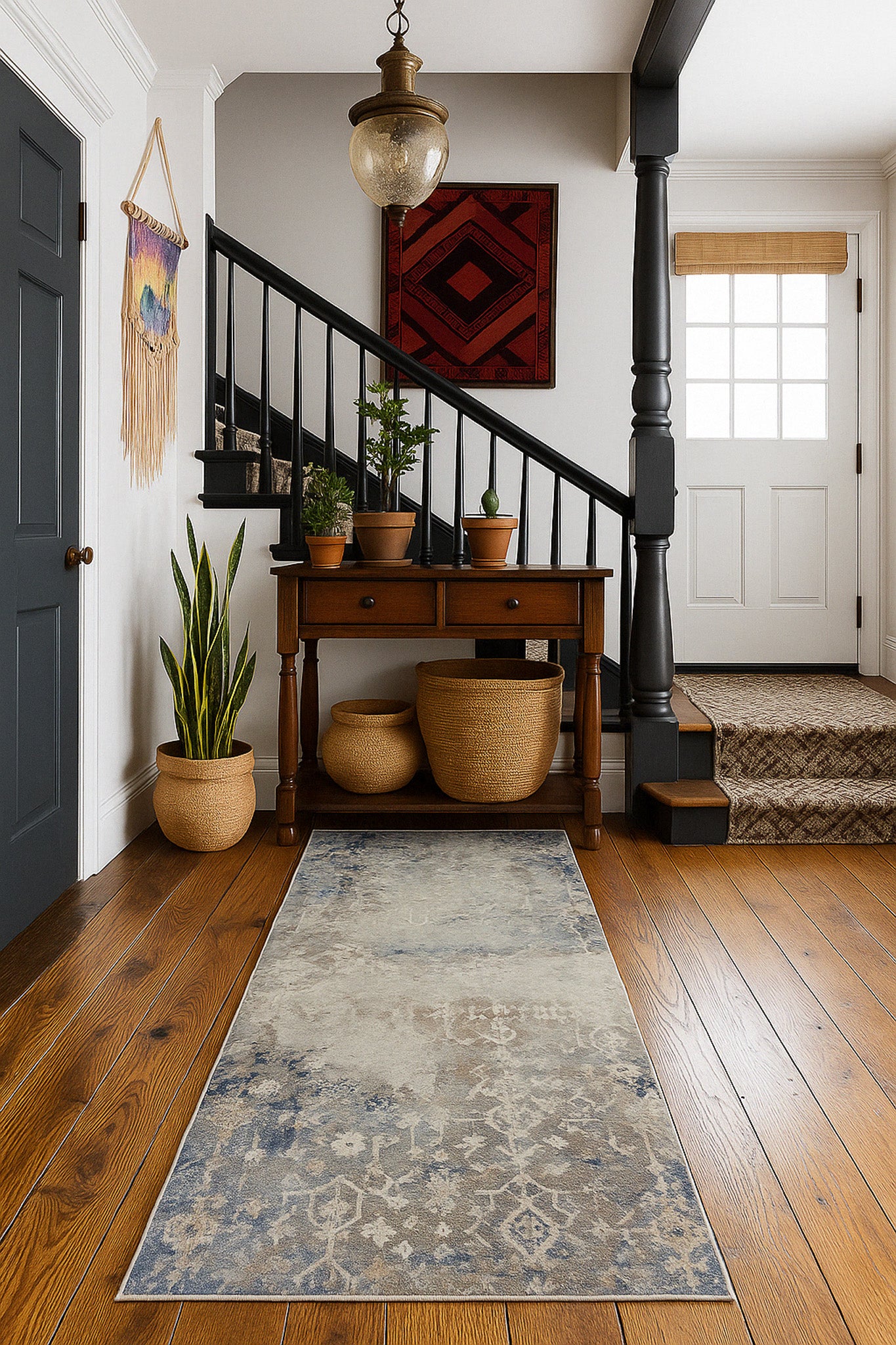 2' X 15' Navy And Beige Distressed Vines Runner Rug-Area Rugs-DECOROLALA