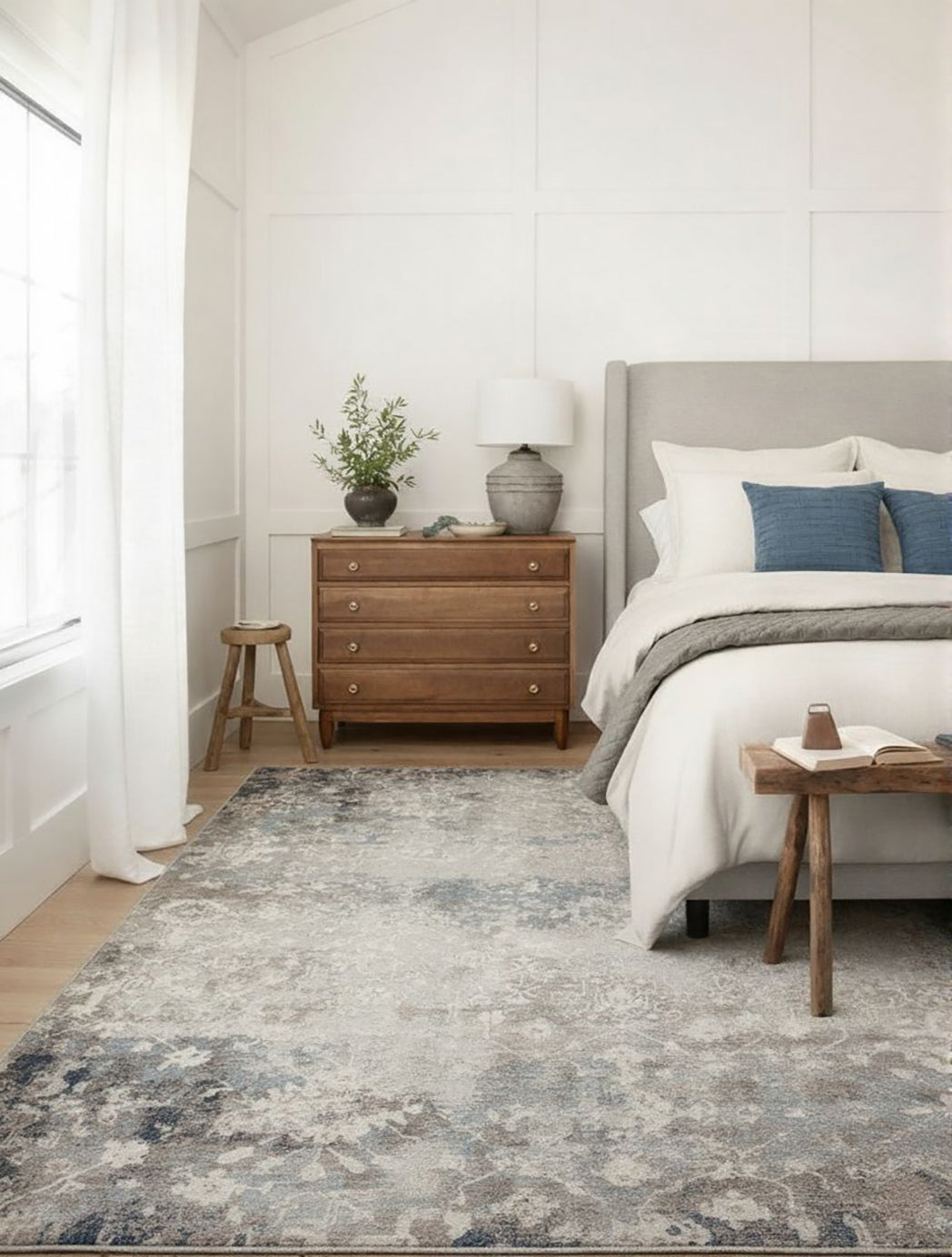 2' X 15' Navy And Beige Distressed Vines Runner Rug-Area Rugs-DECOROLALA