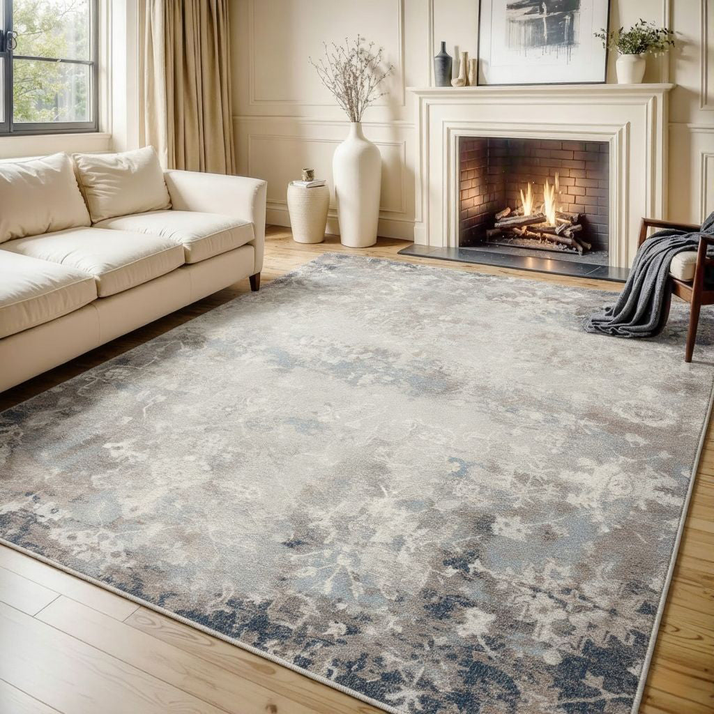 2' X 15' Navy And Beige Distressed Vines Runner Rug-Area Rugs-DECOROLALA