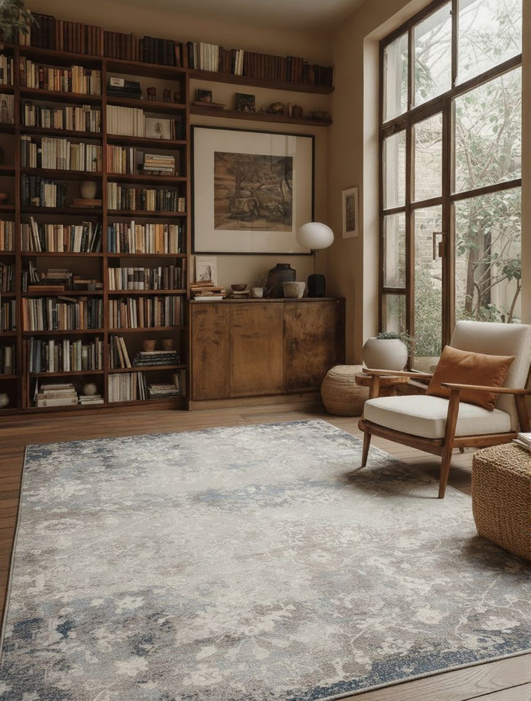 2' X 15' Navy And Beige Distressed Vines Runner Rug-Area Rugs-DECOROLALA