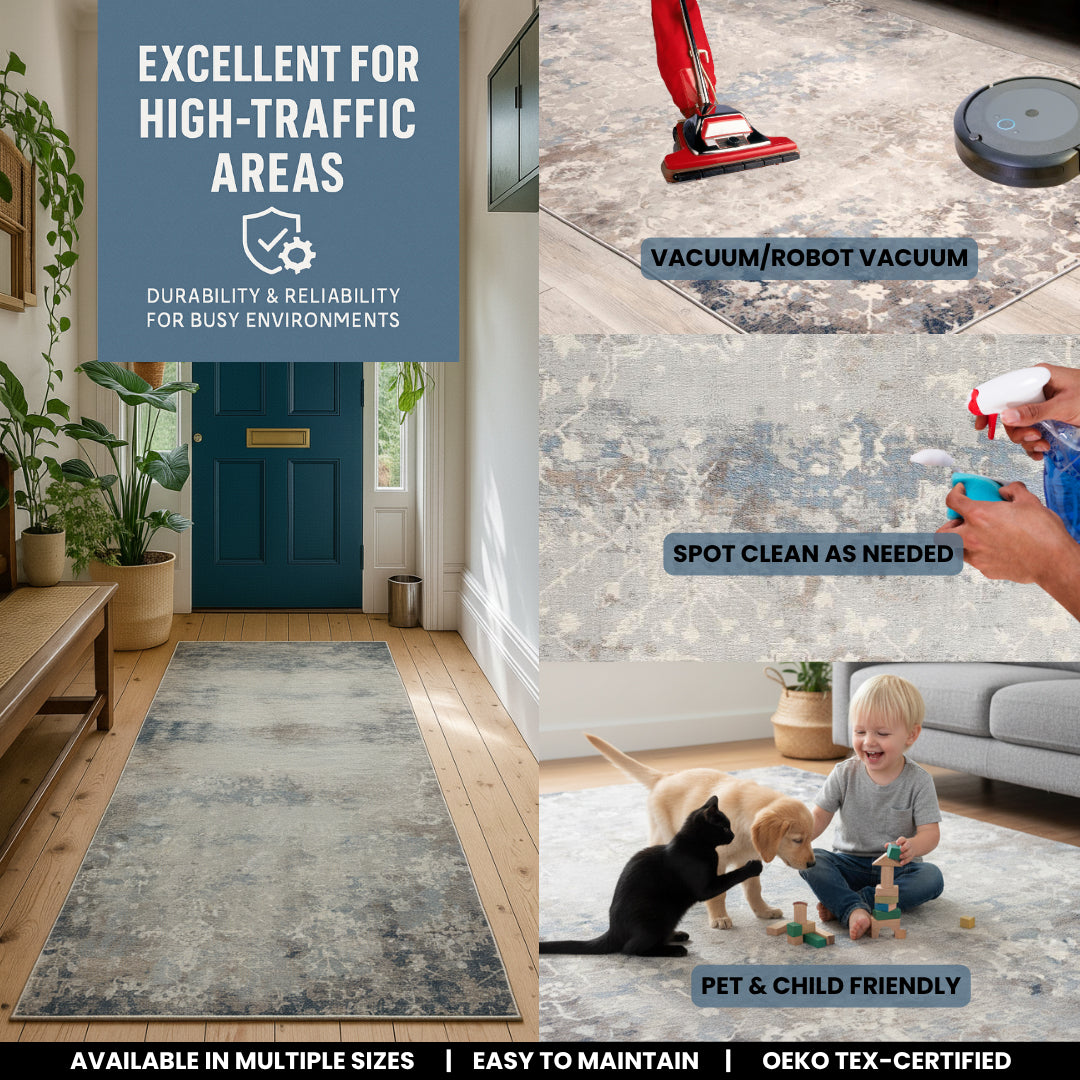 2' X 15' Navy And Beige Distressed Vines Runner Rug-Area Rugs-DECOROLALA