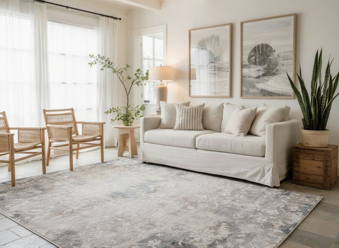 2' X 15' Navy And Beige Distressed Vines Runner Rug-Area Rugs-DECOROLALA