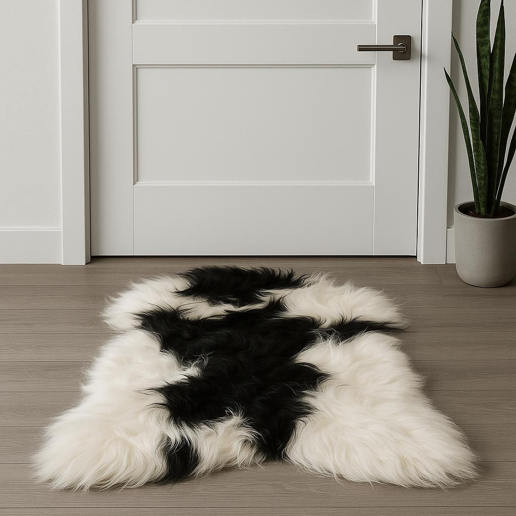 2' X 3' Black and White Spotted Sheepskin Handmade Area Rug-Area Rugs-DECOROLALA