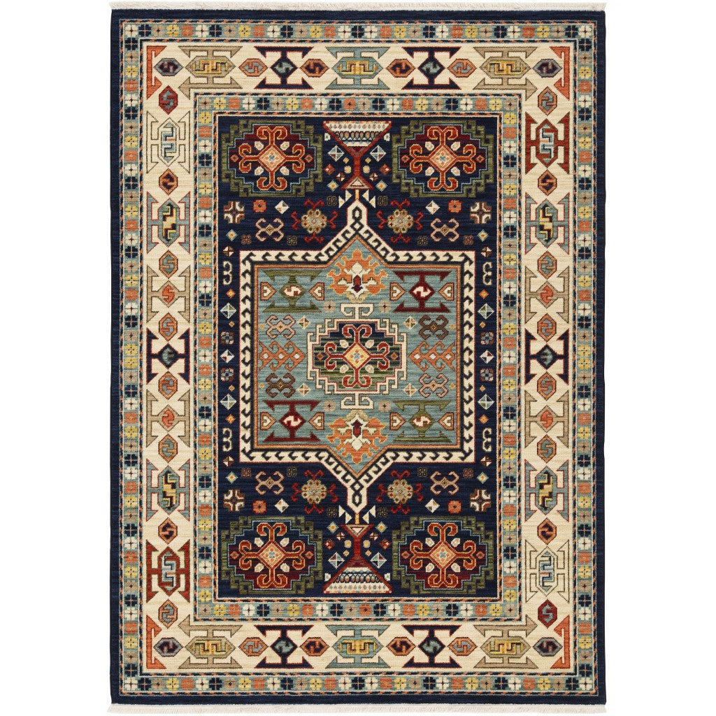 2' X 3' Blue Ivory Machine Woven Medallion Indoor Area Rug-Area Rugs-DECOROLALA