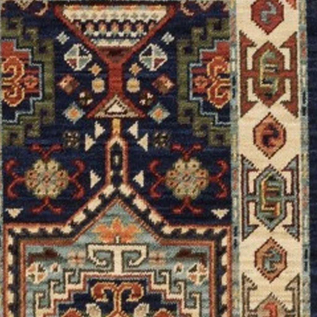 2' X 3' Blue Ivory Machine Woven Medallion Indoor Area Rug-Area Rugs-DECOROLALA