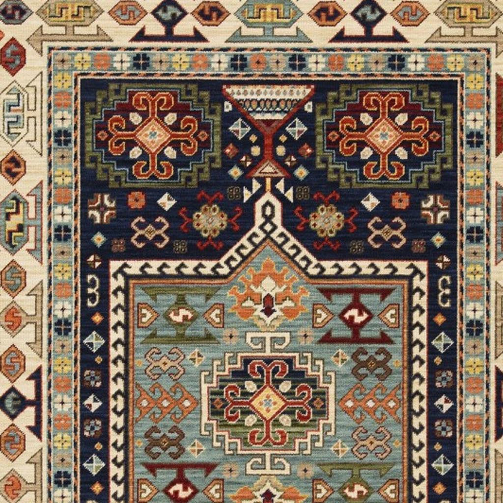 2' X 3' Blue Ivory Machine Woven Medallion Indoor Area Rug-Area Rugs-DECOROLALA