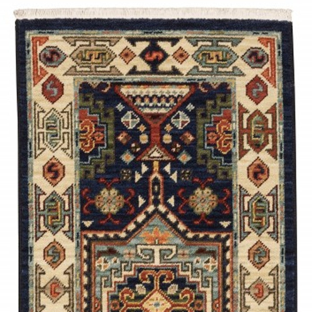 2' X 3' Blue Ivory Machine Woven Medallion Indoor Area Rug-Area Rugs-DECOROLALA