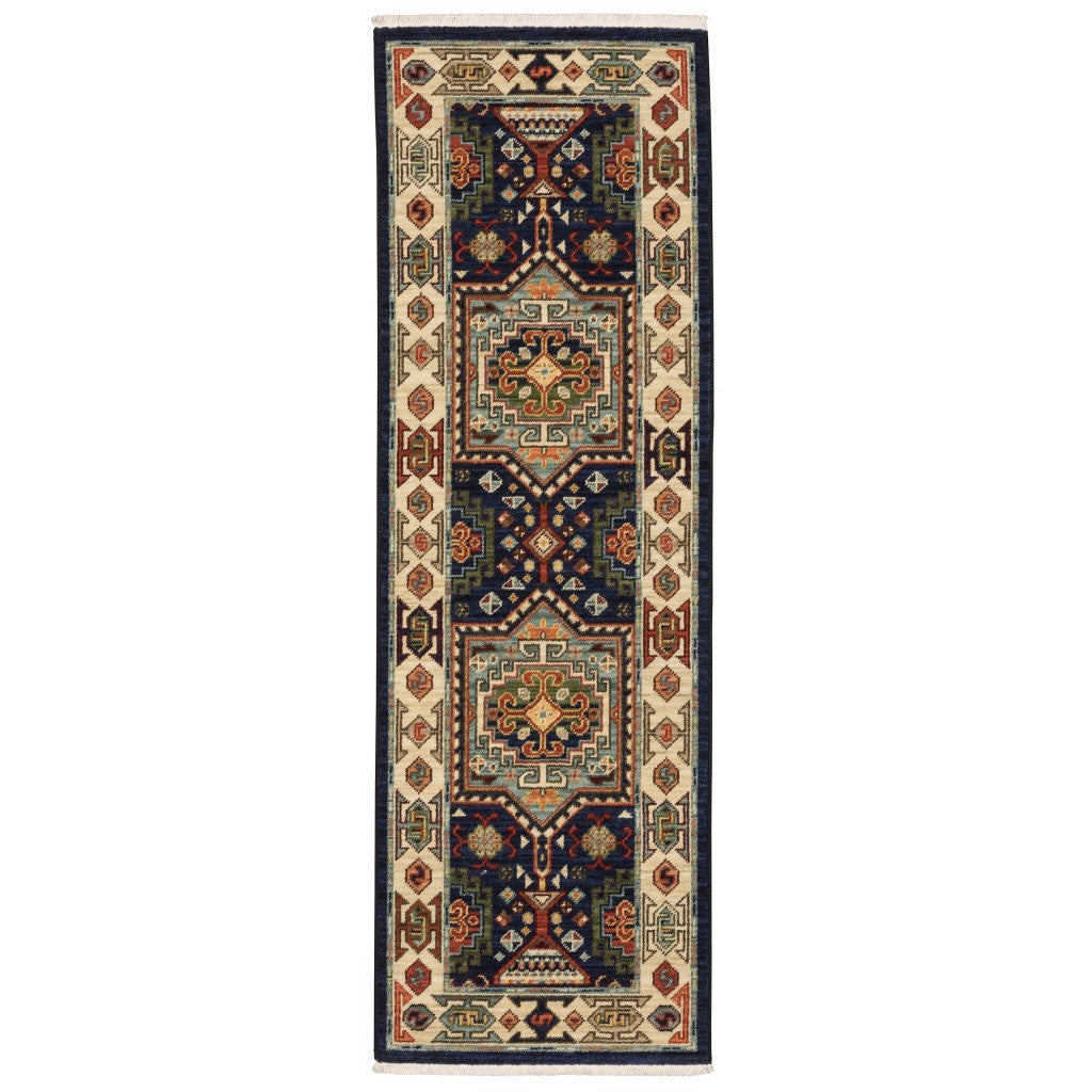 2' X 3' Blue Ivory Machine Woven Medallion Indoor Area Rug-Area Rugs-DECOROLALA