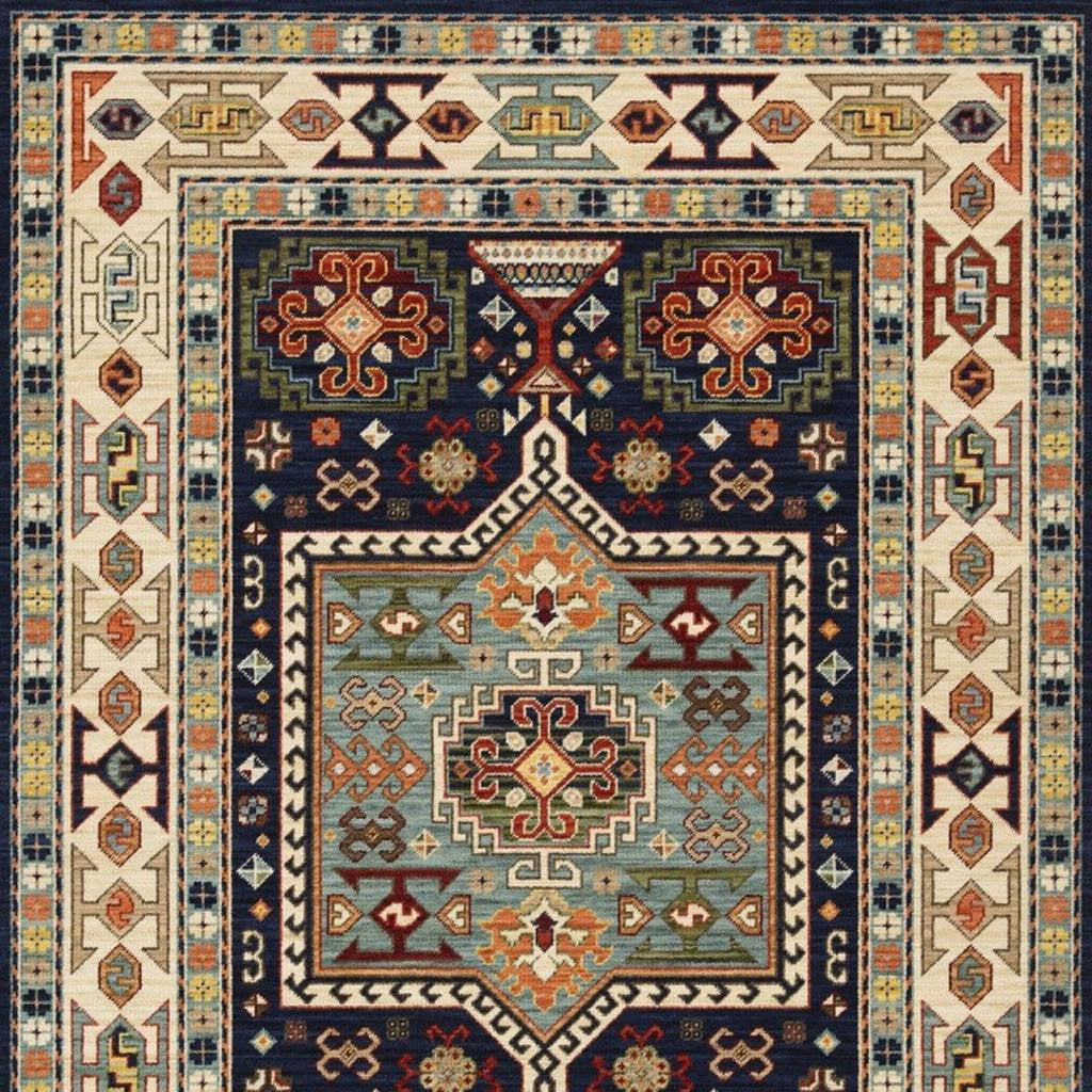 2' X 3' Blue Ivory Machine Woven Medallion Indoor Area Rug-Area Rugs-DECOROLALA