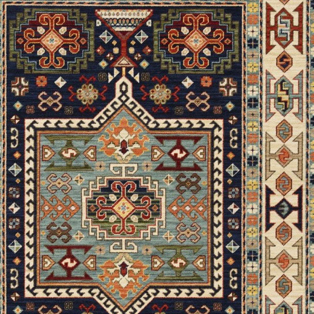 2' X 3' Blue Ivory Machine Woven Medallion Indoor Area Rug-Area Rugs-DECOROLALA