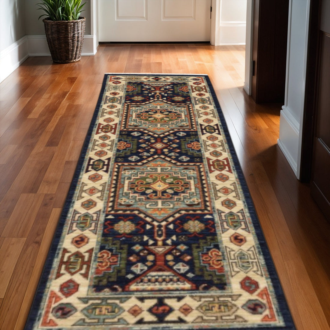 2' X 3' Blue Ivory Machine Woven Medallion Indoor Area Rug-Area Rugs-DECOROLALA