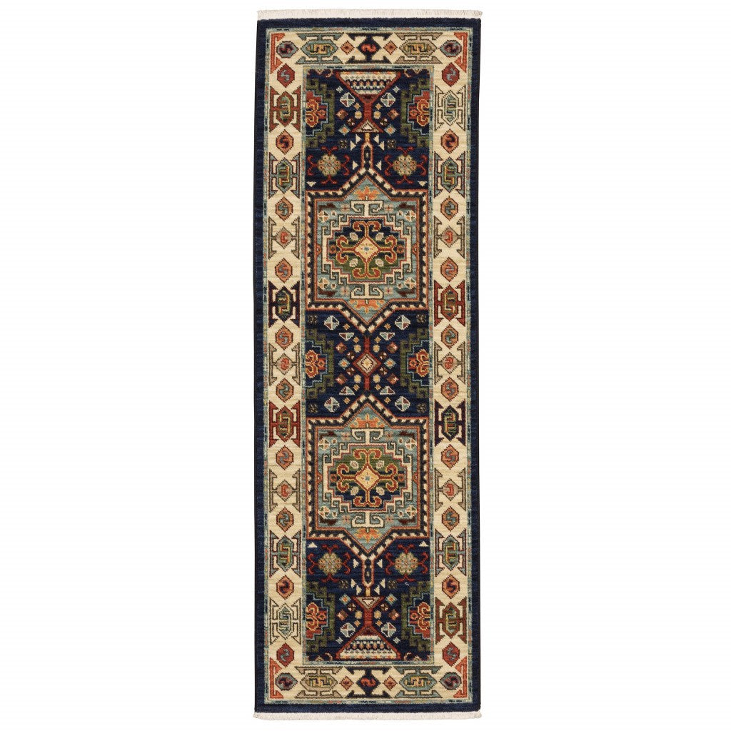 2' X 3' Blue Ivory Machine Woven Medallion Indoor Area Rug-Area Rugs-DECOROLALA