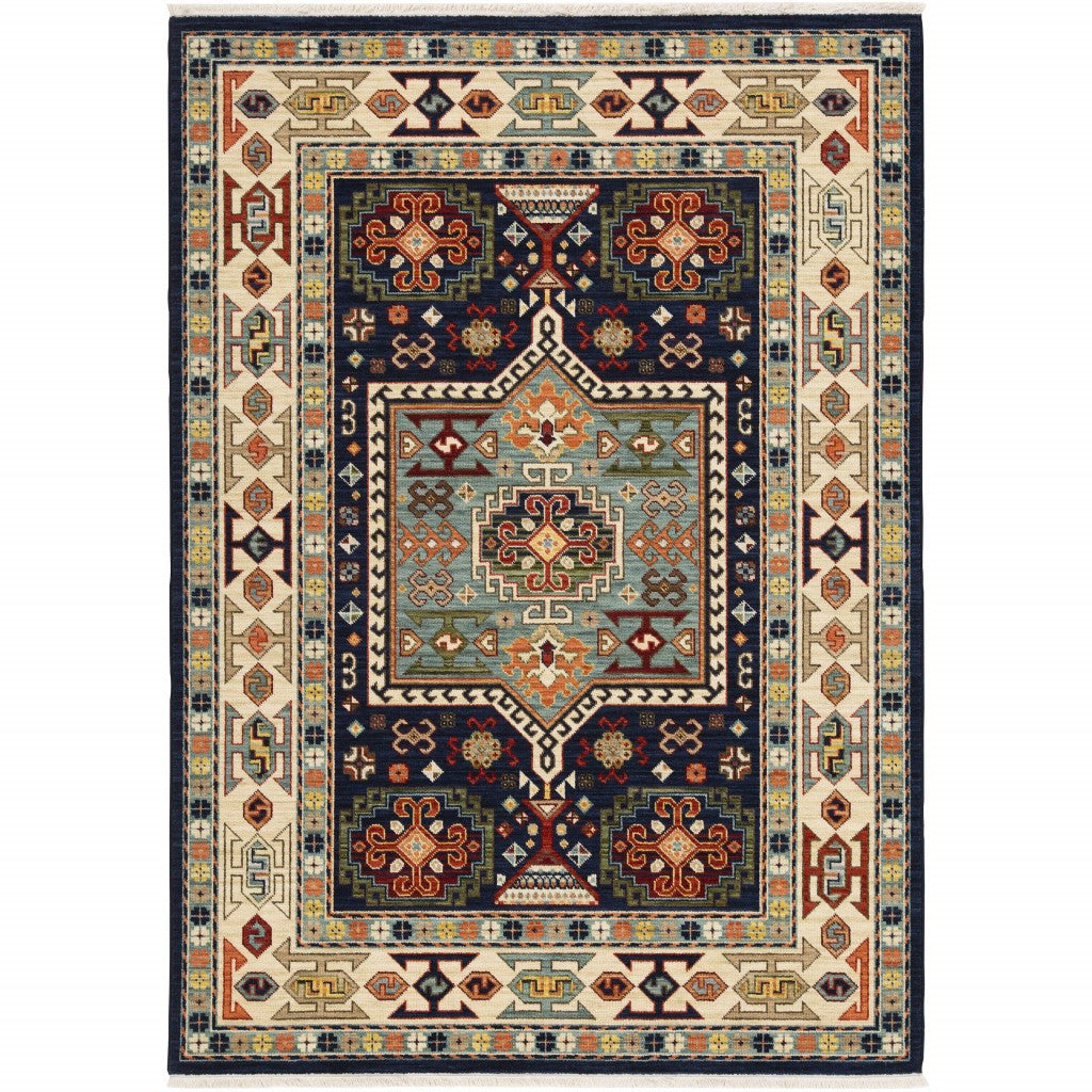2' X 3' Blue Ivory Machine Woven Medallion Indoor Area Rug-Area Rugs-DECOROLALA