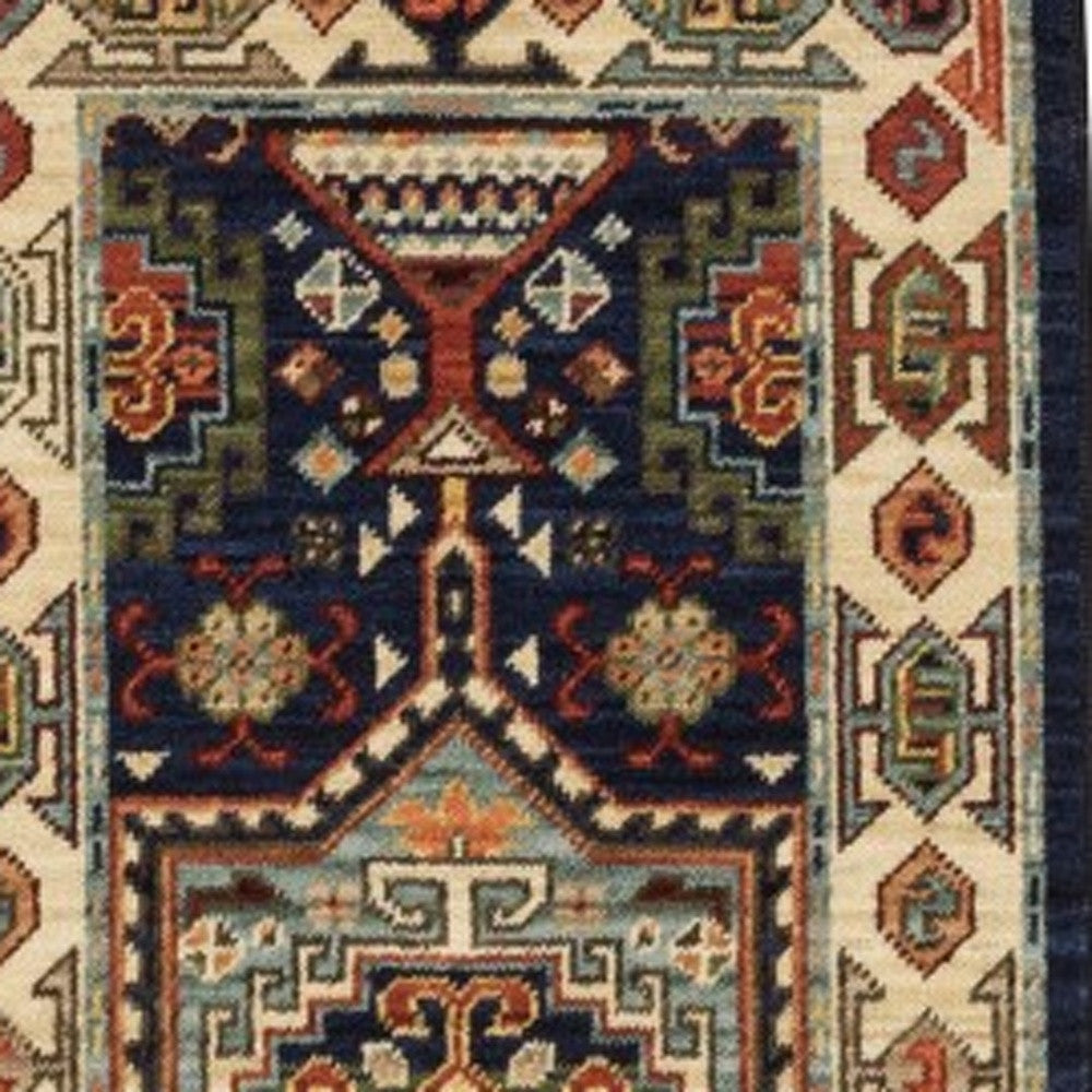 2' X 3' Blue Ivory Machine Woven Medallion Indoor Area Rug-Area Rugs-DECOROLALA