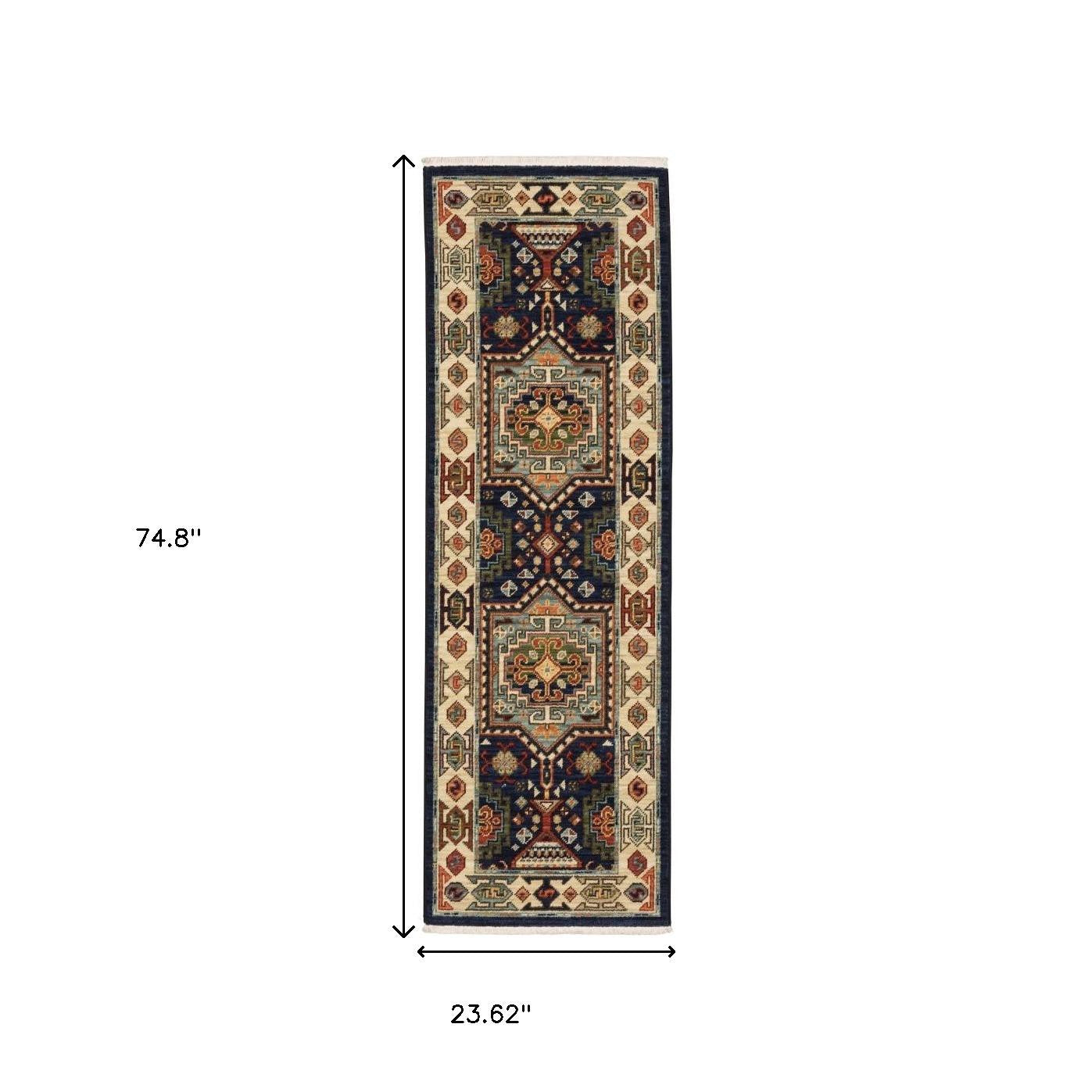 2' X 3' Blue Ivory Machine Woven Medallion Indoor Area Rug-Area Rugs-DECOROLALA