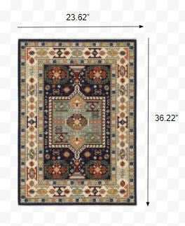 2' X 3' Blue Ivory Machine Woven Medallion Indoor Area Rug-Area Rugs-DECOROLALA