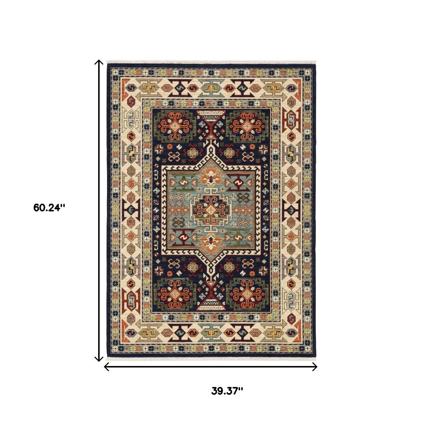2' X 3' Blue Ivory Machine Woven Medallion Indoor Area Rug-Area Rugs-DECOROLALA