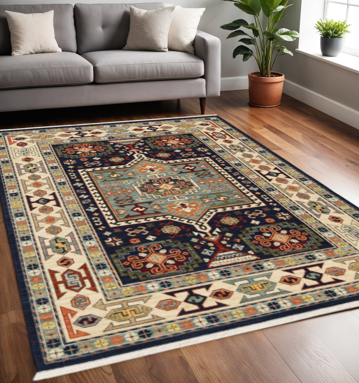 2' X 3' Blue Ivory Machine Woven Medallion Indoor Area Rug-Area Rugs-DECOROLALA