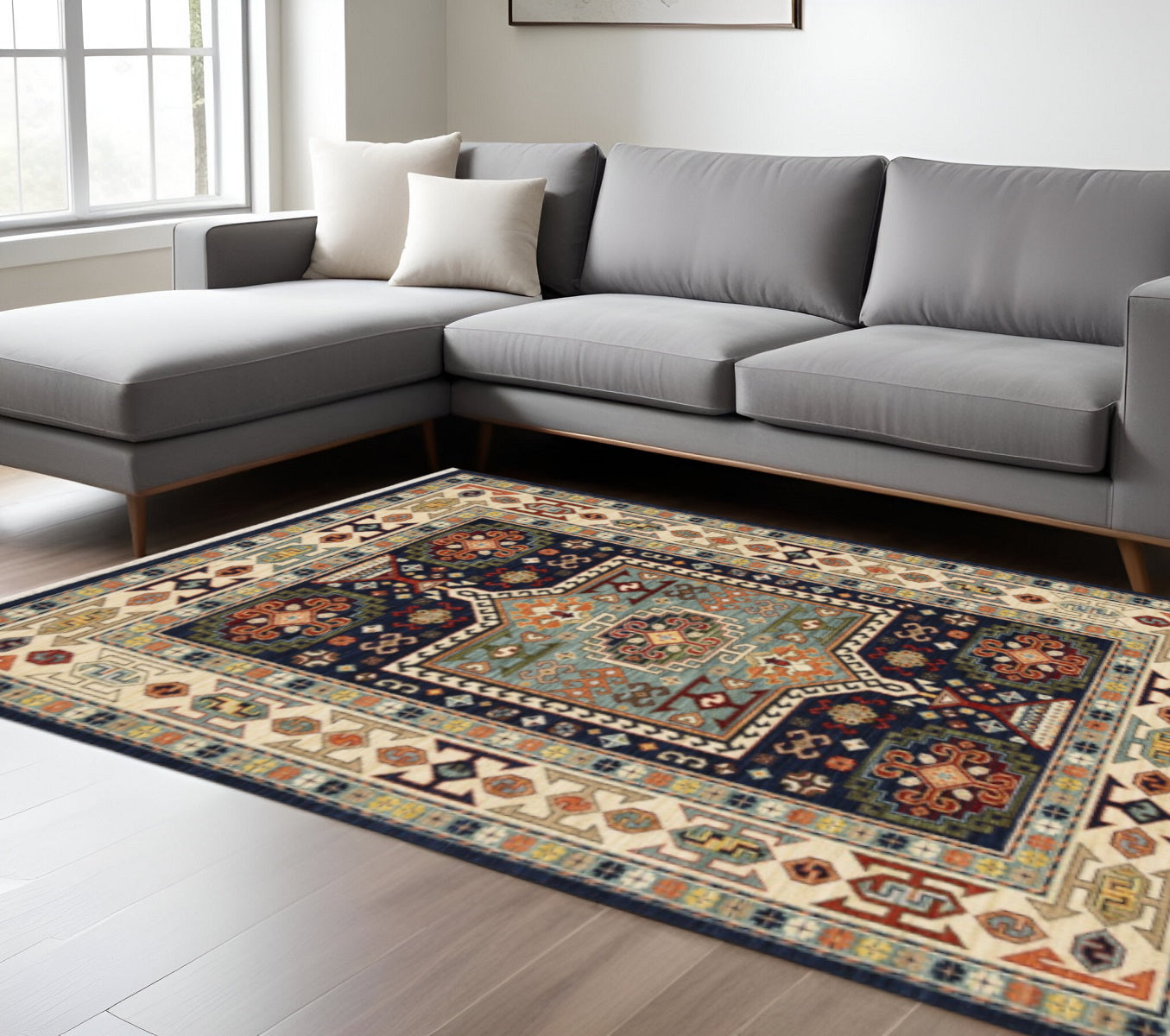 2' X 3' Blue Ivory Machine Woven Medallion Indoor Area Rug-Area Rugs-DECOROLALA