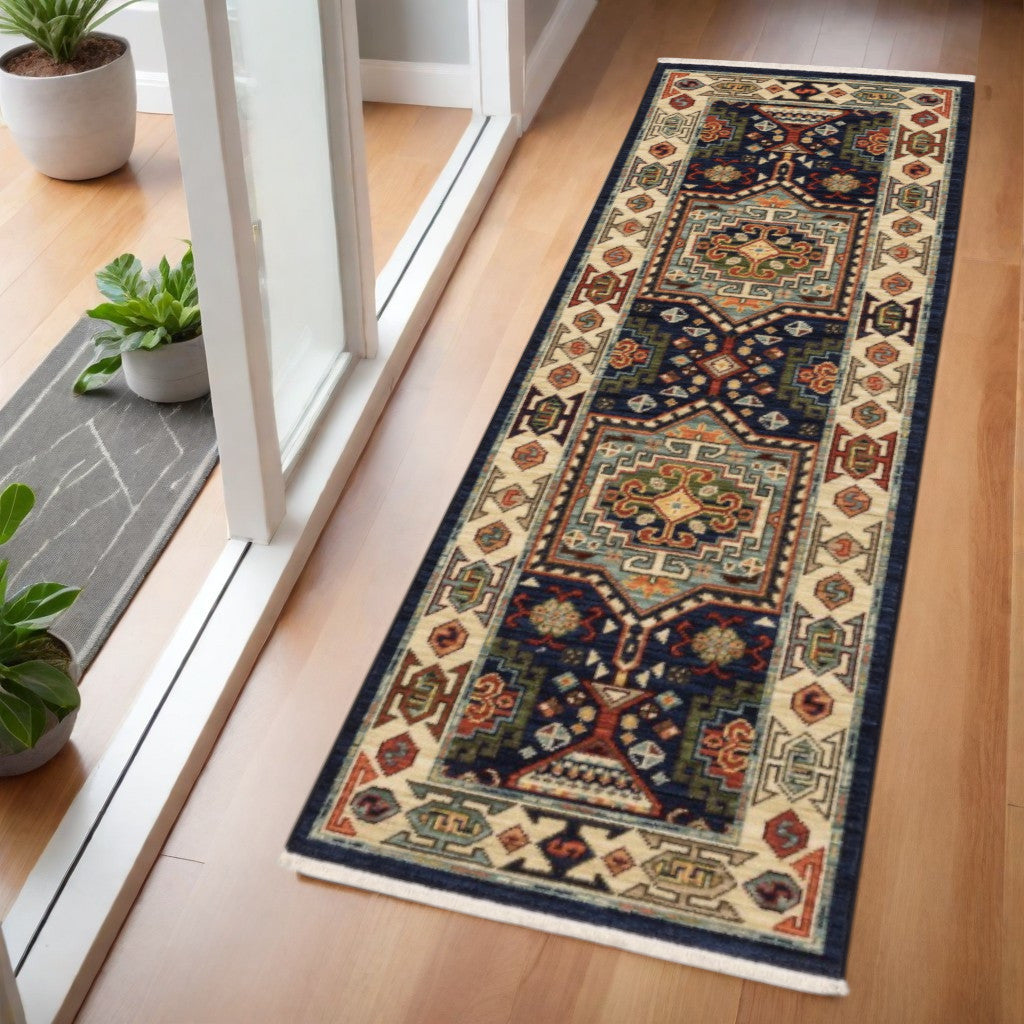 2' X 3' Blue Ivory Machine Woven Medallion Indoor Area Rug-Area Rugs-DECOROLALA