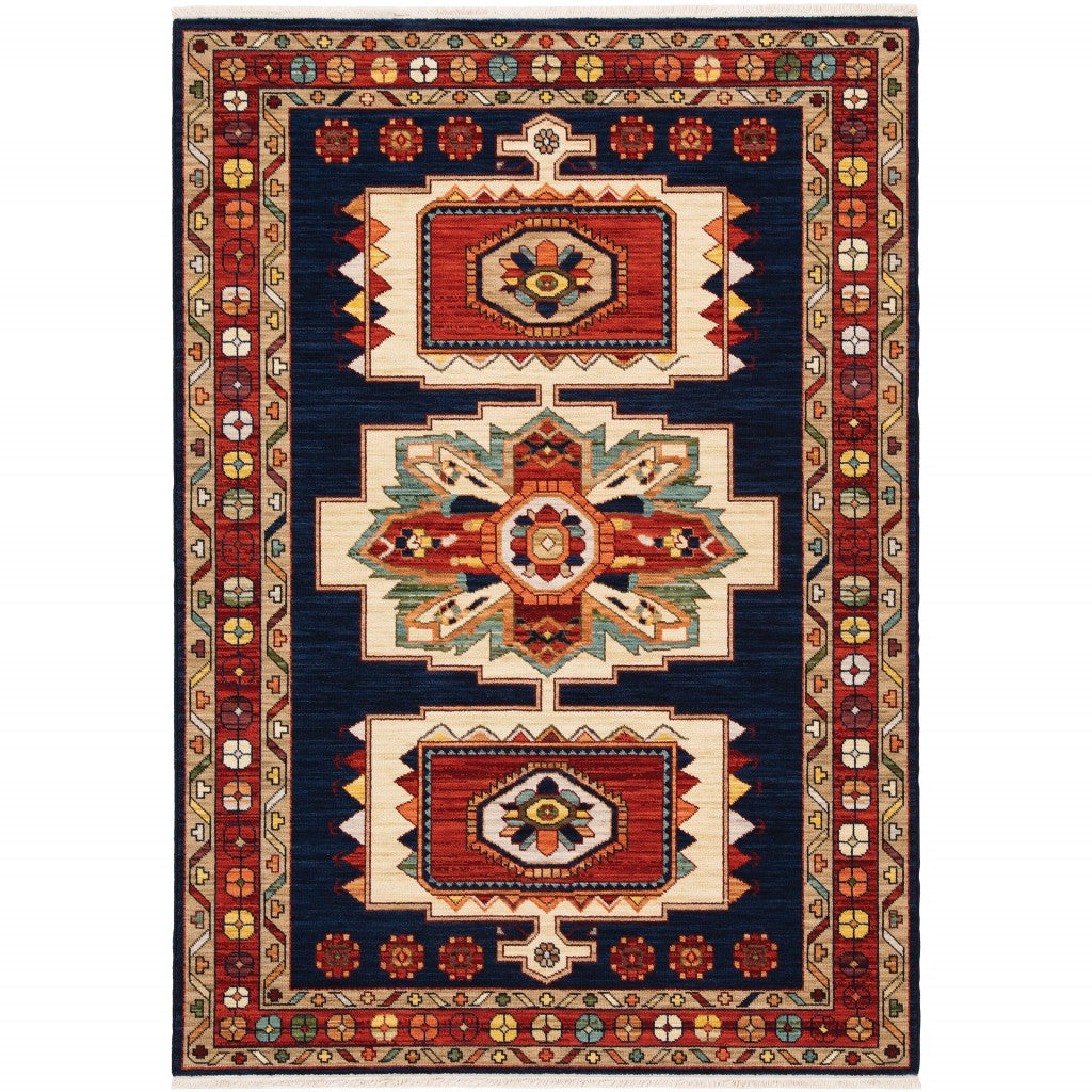 2' X 3' Blue Red Machine Woven Medallions Indoor Area Rug-Area Rugs-DECOROLALA