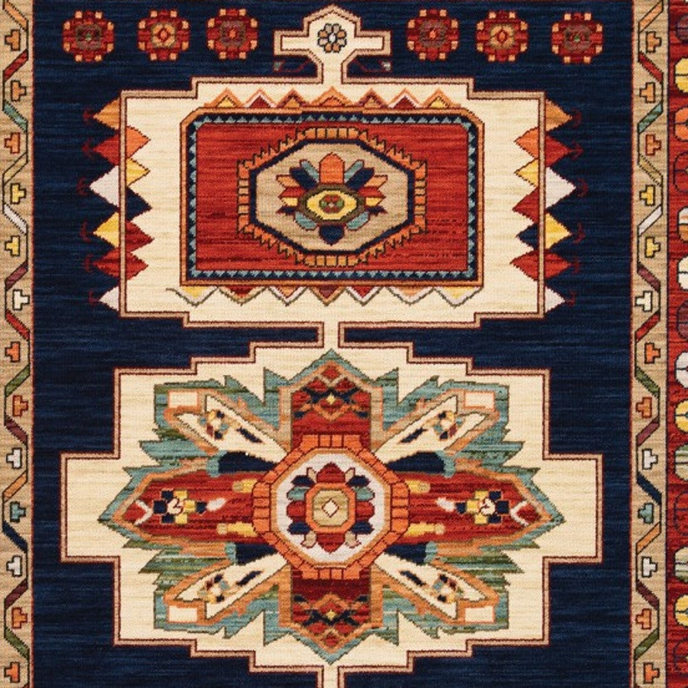 2' X 3' Blue Red Machine Woven Medallions Indoor Area Rug-Area Rugs-DECOROLALA