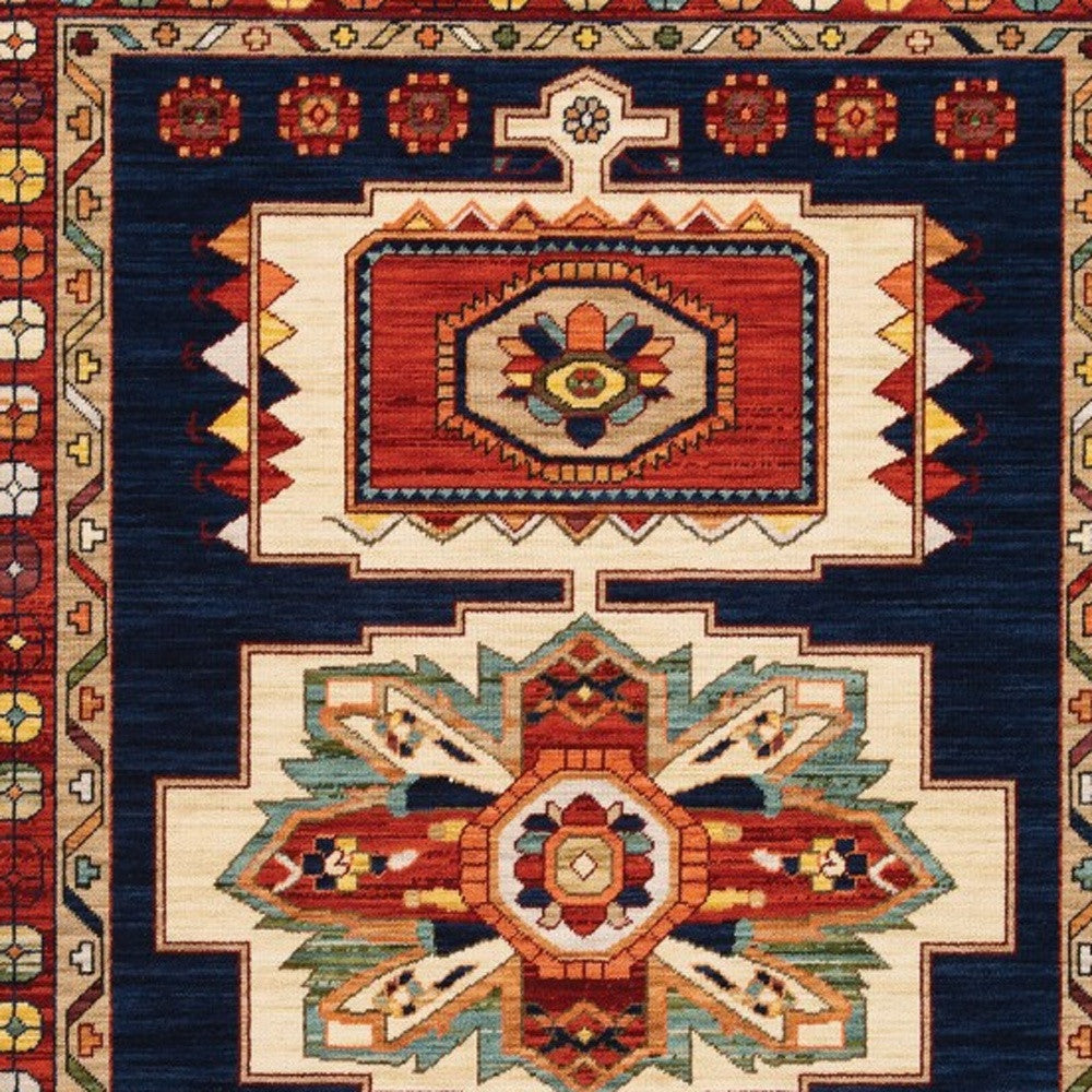 2' X 3' Blue Red Machine Woven Medallions Indoor Area Rug-Area Rugs-DECOROLALA