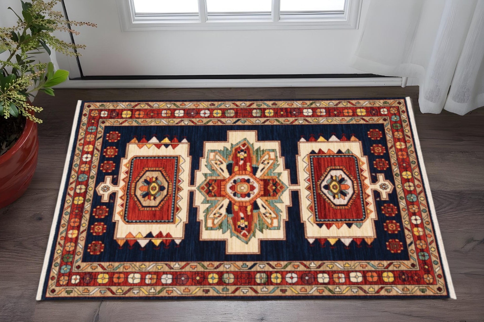 2' X 3' Blue Red Machine Woven Medallions Indoor Area Rug-Area Rugs-DECOROLALA