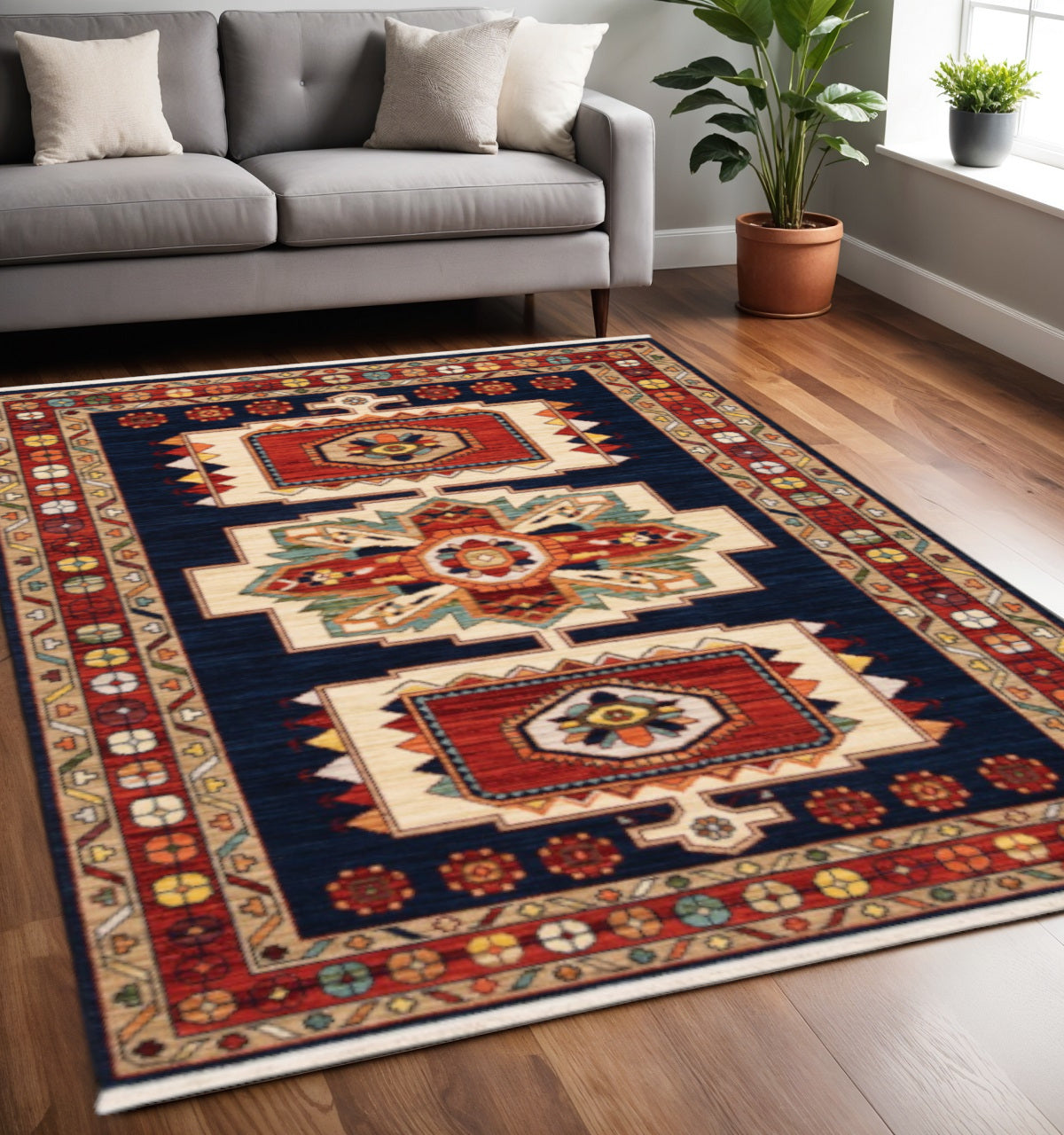2' X 3' Blue Red Machine Woven Medallions Indoor Area Rug-Area Rugs-DECOROLALA