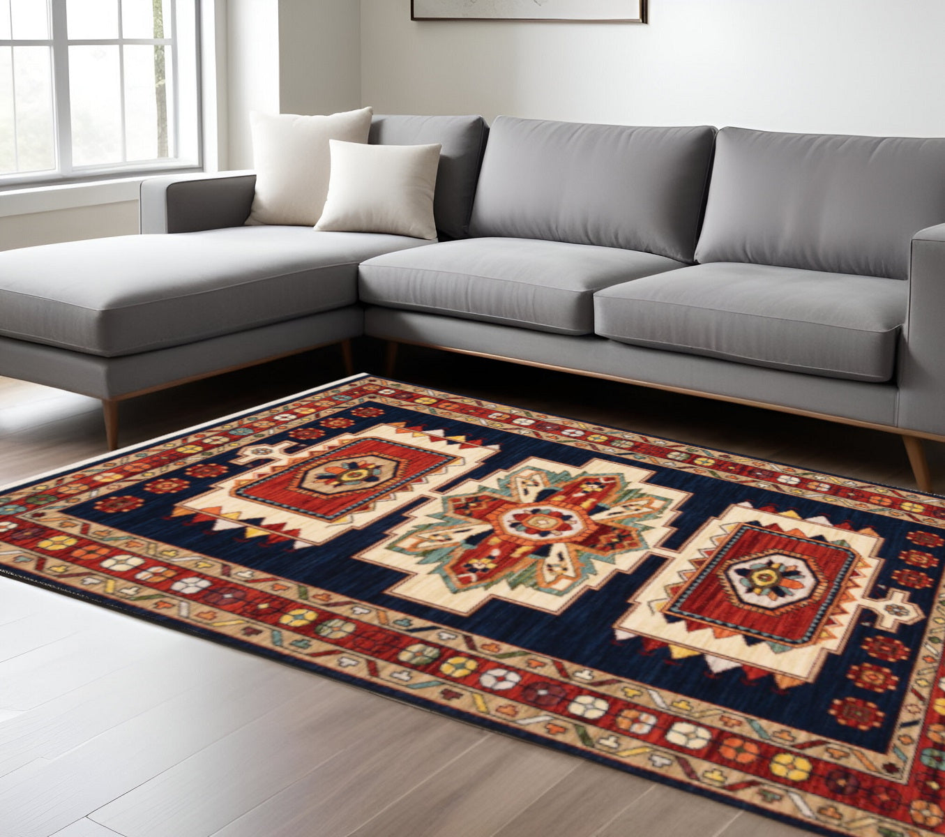 2' X 3' Blue Red Machine Woven Medallions Indoor Area Rug-Area Rugs-DECOROLALA