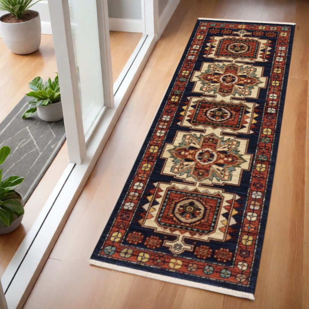 2' X 3' Blue Red Machine Woven Medallions Indoor Area Rug-Area Rugs-DECOROLALA