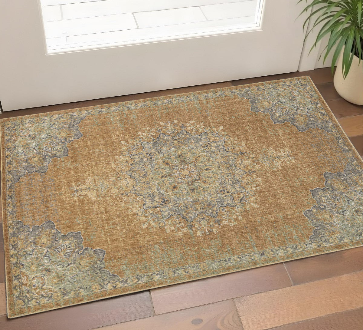 2' X 3' Brown And Gray Wool Medallion Area Rug-Area Rugs-DECOROLALA