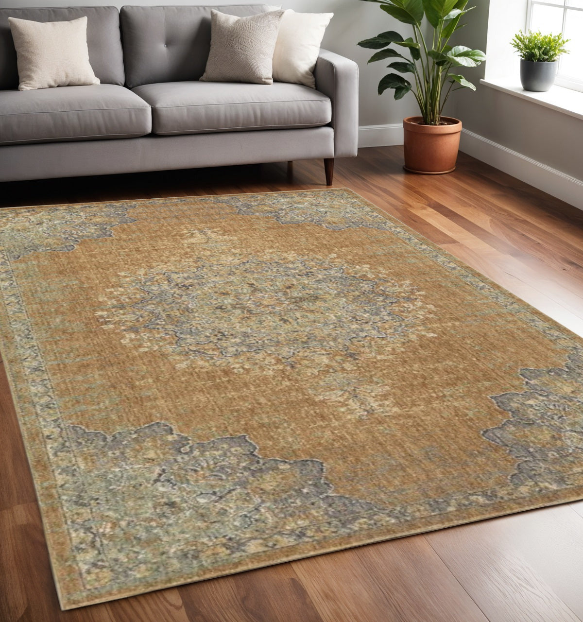 2' X 3' Brown And Gray Wool Medallion Area Rug-Area Rugs-DECOROLALA
