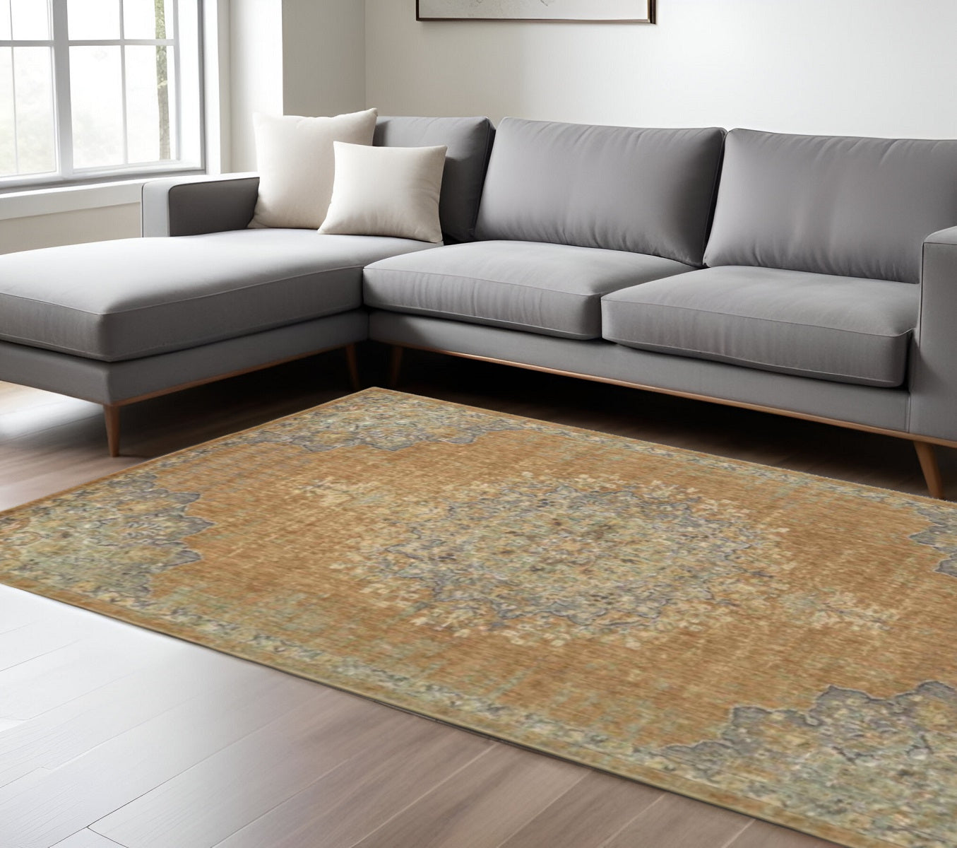 2' X 3' Brown And Gray Wool Medallion Area Rug-Area Rugs-DECOROLALA