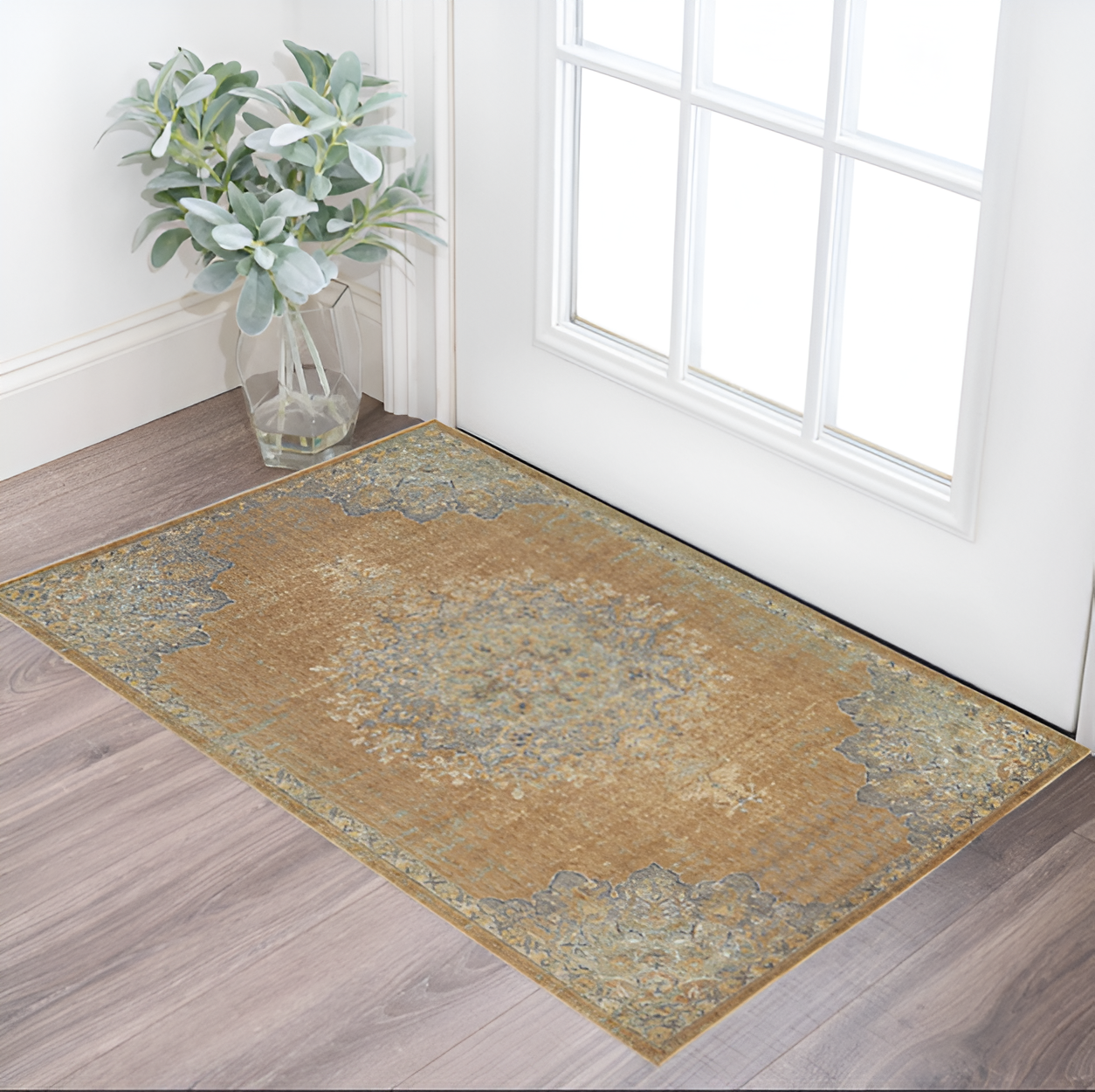 2' X 3' Brown And Gray Wool Medallion Area Rug-Area Rugs-DECOROLALA